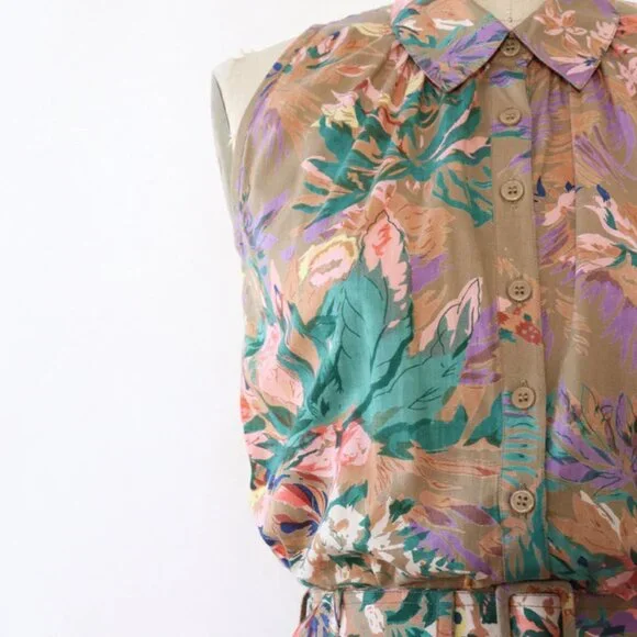 Vintage 1980s/1990s Tan Tropical Floral Belted Midi Dress Small/Medium - Picture 5 of 8
